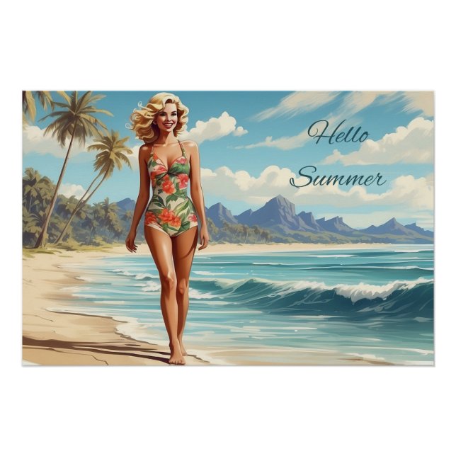Hallo Sommer Retro Lady Walking am Strand Poster (Vorderseite)