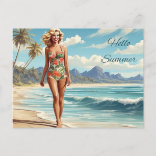 Hallo Sommer Retro Lady Walking am Strand Postkarte