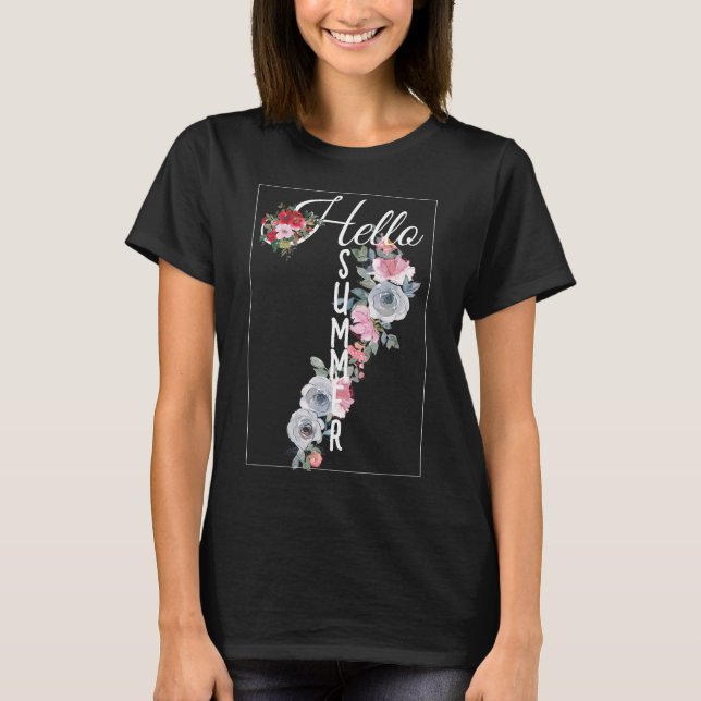 Hallo Sommer Rosa und Blau Blumen T-Shirt (Vorderseite)