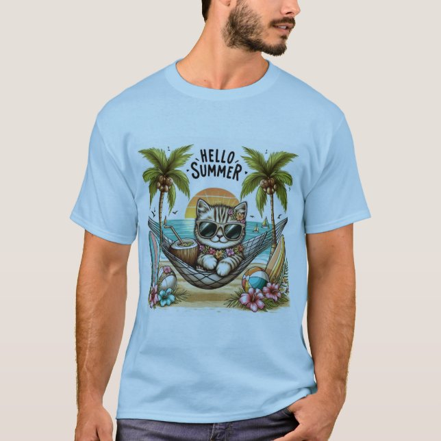 Hallo Sommer Strand Katze T-Shirt (Vorderseite)