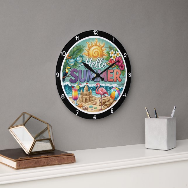 Hallo Sommer Tropischer Sandburg Große Wanduhr (Büro)