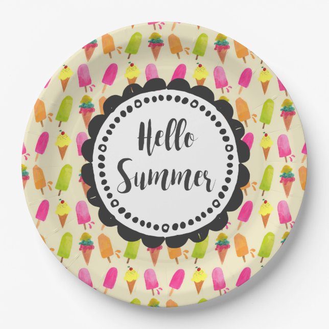Hallo Sommer Typografie Popsicles und Ice Creme Pappteller (Vorderseite)