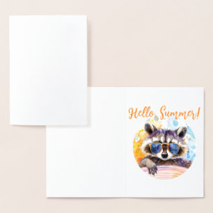 Hallo Sommer Waschbär mit Sonnenbrille Aquarell Folienkarte