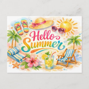 Hallo Sommer Wasserfarbe Tropischer Strand  Postkarte