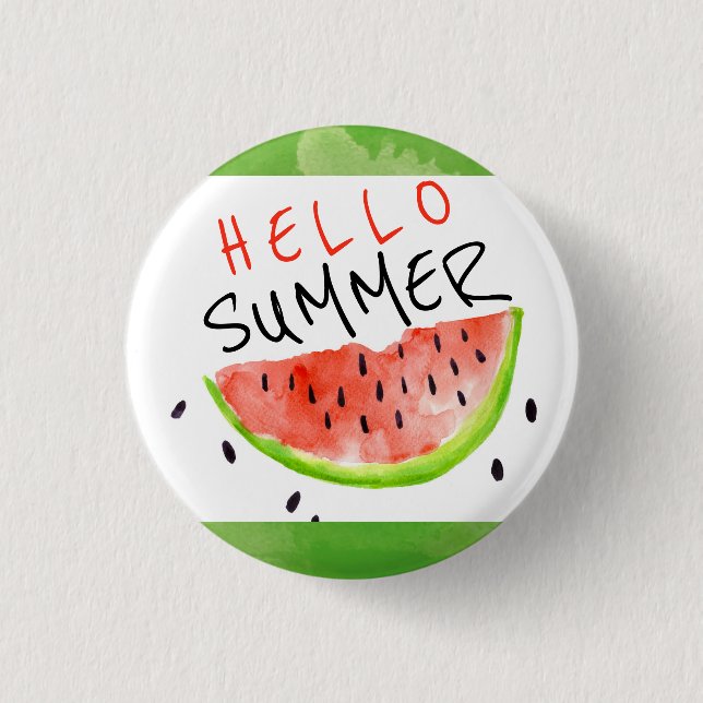 Hallo Sommer Wasserfarbe Watermelon Grün Weiß Button (Vorderseite)
