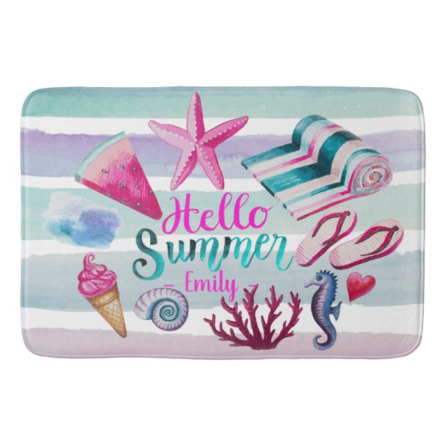 Hallo Sommer Wasserfarben Monogram Beach Streifen Badematte (Vorderseite)