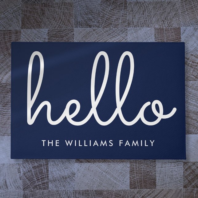 Hallo Stilvolle Skripte Navy Blue Custom Familienn Fußmatte (Hello Stylish Script Navy Blue Custom Family Name Doormat)
