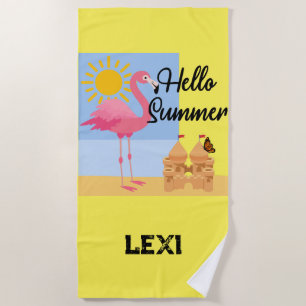 Hallo Summer Pink Flamingo Design - Beach Handtuch