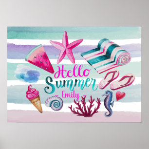 Hallo Summer Watercolor Monogram Beach Streifen Poster