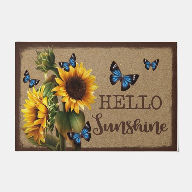 Hallo Sunshine Blue Butterfly Vs Sonnenblume Fußmatte (Vorderseite)