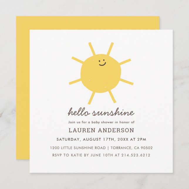 Hallo Sunshine Gender Neutral Baby Shower Square I Einladung (Vorne/Hinten)