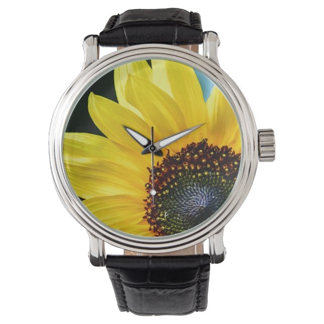 Hallo Sunshine Sonnenblume Vintag Leather Watch Armbanduhr (Vorderseite)