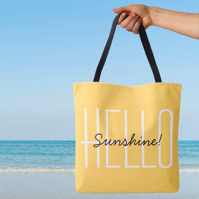 Hallo Sunshine Yellow Black Text Moderne Typografi (Cute Hello Sunshine Bright Yellow Black Text Modern Typography Canvas Shopping Beach Travel Tote Bag)