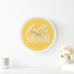 Hallo Sunshine Zitat Typografie Yellow White Große Wanduhr