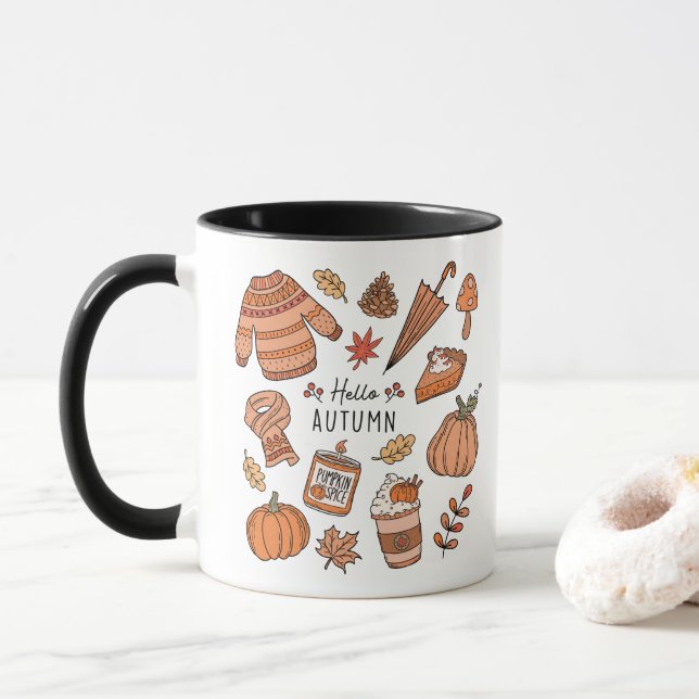 Hallo Tasse Herbst, Fall Vibes Tasse, Retro Doodle (Mit Donut)