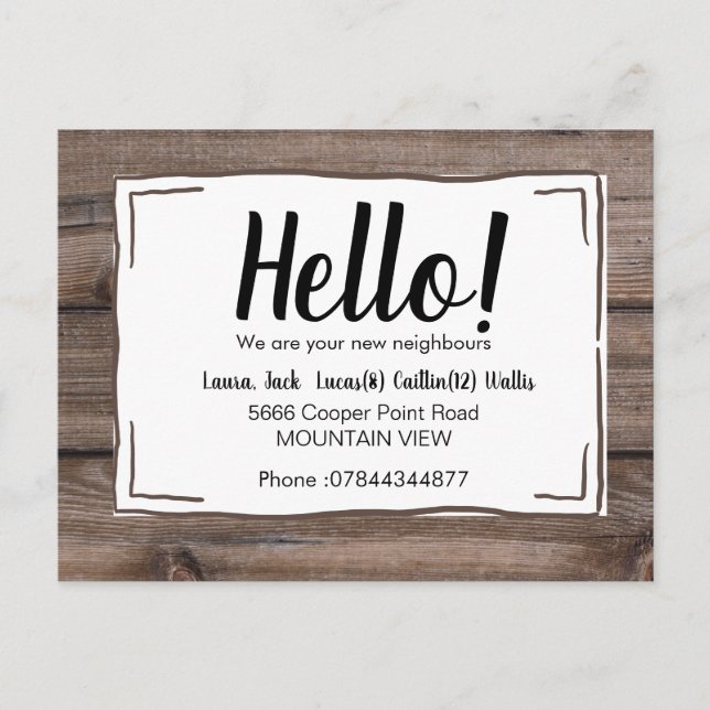 Hallo treffen Sie die Nachbarn Holz rustikal Postkarte (Vorderseite)