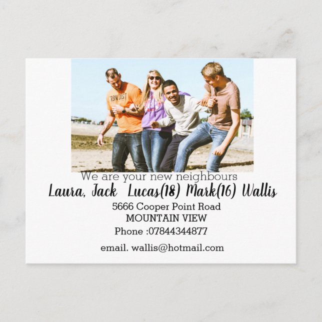 Hallo treffen Sie die Nachbarn mit familiärem Foto Postkarte (Vorderseite)