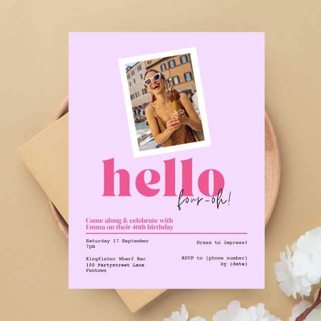 "Hallo, vier-oh!" lila Einladung zum 40. Geburtsta Postkarte (Von Creator hochgeladen)