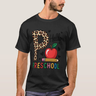 Hallo Vorschule Bunter Leopard Bleistift Erster Ta T-Shirt