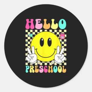 Hallo Vorschule Retro-Lächeln Gesicht zurück zur S Runder Aufkleber
