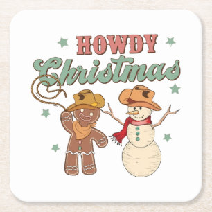 Hallo Weihnachten Groovy Cowboy Schneemann Wester Rechteckiger Pappuntersetzer