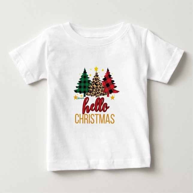 Hallo Weihnachten Kariert Leopard Trees Individuel Baby T-shirt (Vorderseite)