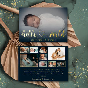 Hallo Welt Gold Foto-Collage Baby-Ankündigung Folieneinladung