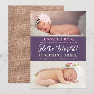 Hallo Welt! Modernes Foto Twins Geburtsankündigung Einladung