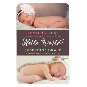 Hallo Welt! Modernes Foto Twins Geburtsankündigung Magnet