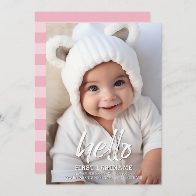 Hallo Whimsical brushed letters Baby Girl Foto Ankündigung (Vorne/Hinten)