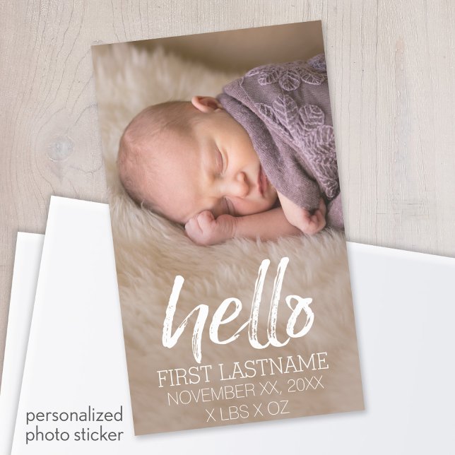 Hallo Whimsical gebürstete Schrift mit Baby-Foto Rechteckiger Aufkleber (Personalized photo sticker)