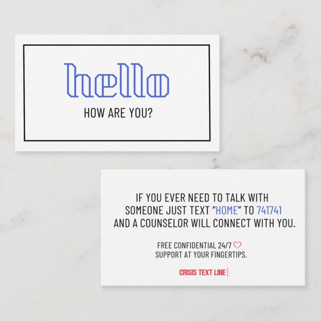 Hallo Wie sind Sie frei 24/7 Krisen Text-Zeile Telefonnummerkarte (Vorne/Hinten)