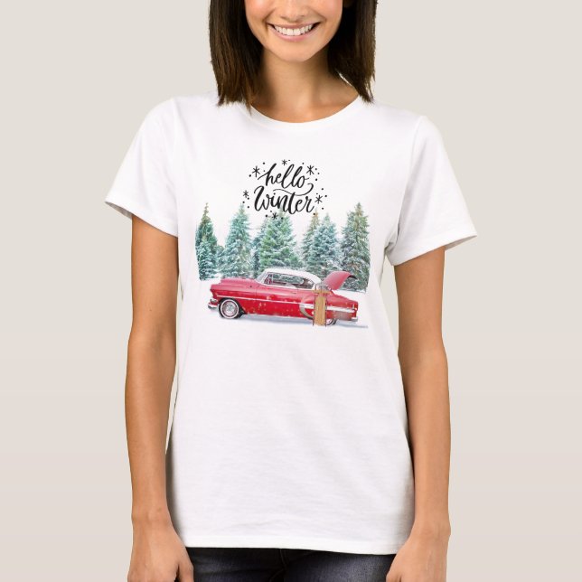 Hallo Winter - Antikes Rotes Auto T-Shirt (Vorderseite)