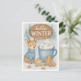 Hallo Winter.Cosy Reindeer, Hot Cocoa, Gingerbret Postkarte