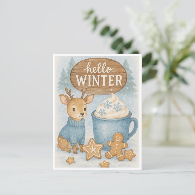 Hallo Winter.Cosy Reindeer, Hot Cocoa, Gingerbret Postkarte (Stehend Vorderseite)