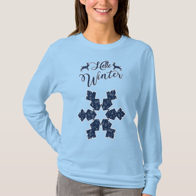 Hallo Winter Holiday Blue Snowflake Muster T-Shirt (Vorderseite)