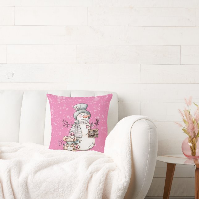 Hallo Winter Pink Snowman und Maus Weihnachten Kissen (Liege)