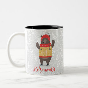 Hallo Winter Saison Gruß Illustration Bärenkunst Zweifarbige Tasse