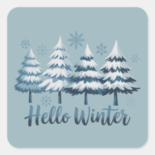Hallo Winter Saison Vibes Bäume Schneeflocken Xmas Quadratischer Aufkleber