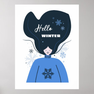 Hallo Winter, Schneeflocken und schönes Mädchen Poster