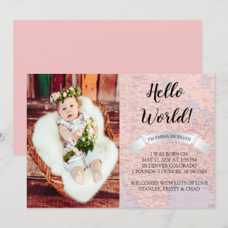 Hallo World Baby Pink Weltkarte Geburtsankündigung Einladung