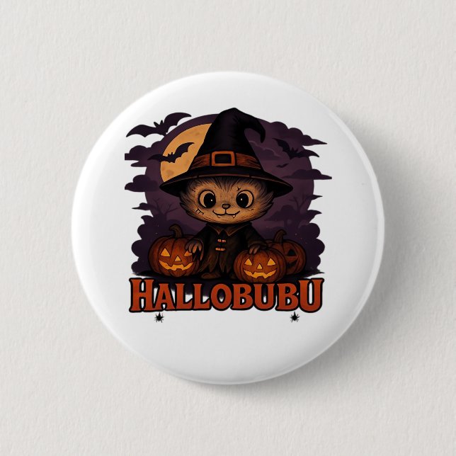 Hallobubu Halloween Niedlich & Spooky Witch Cat T- Button (Vorderseite)