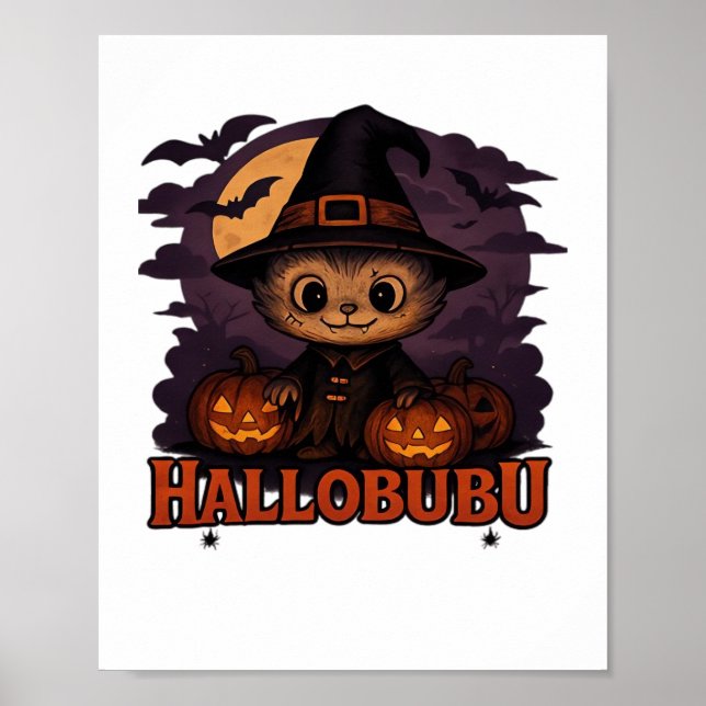 Hallobubu Halloween Niedlich & Spooky Witch Cat T- Poster (Vorne)