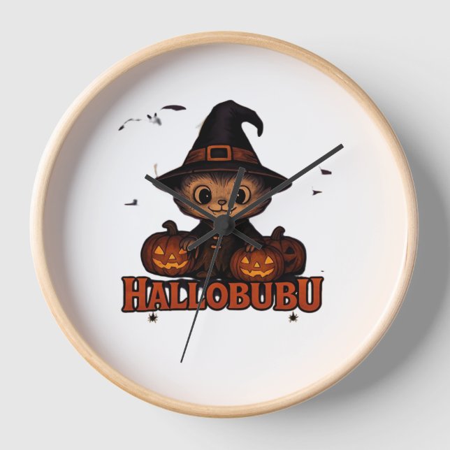 Hallobubu Halloween Niedlich & Spooky Witch Cat T- Uhr (Vorderseite)