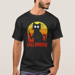 Hallomeow Cat with Knife Murderous Spooky Hallowee T-Shirt