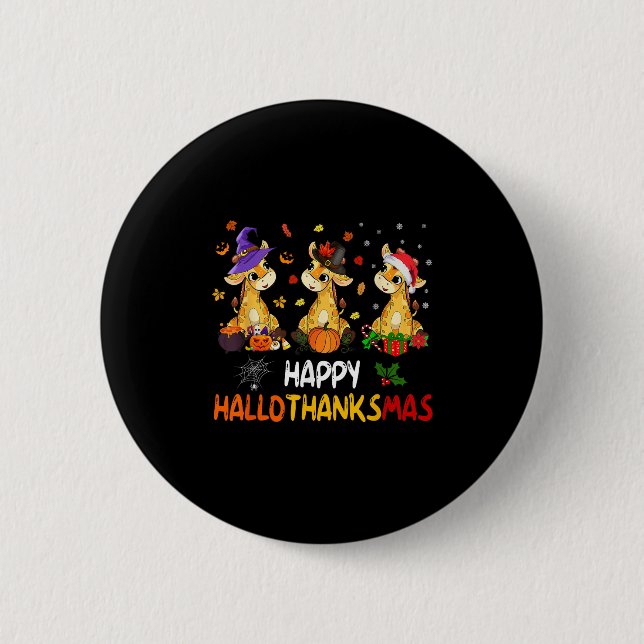 Hallothanksmas Giraffe Halloween Erntedankfest Wei Button (Vorderseite)