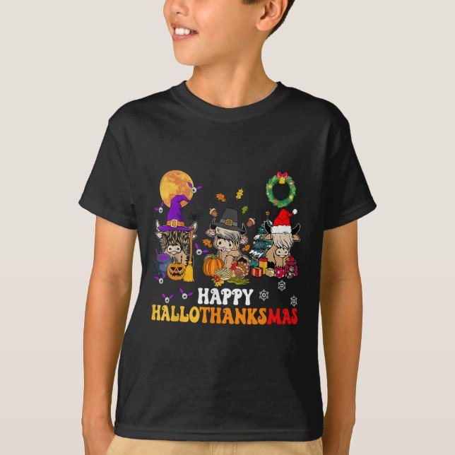 Hallothanksmas Highland Cow Halloween Christmas Th T-Shirt (Vorderseite)