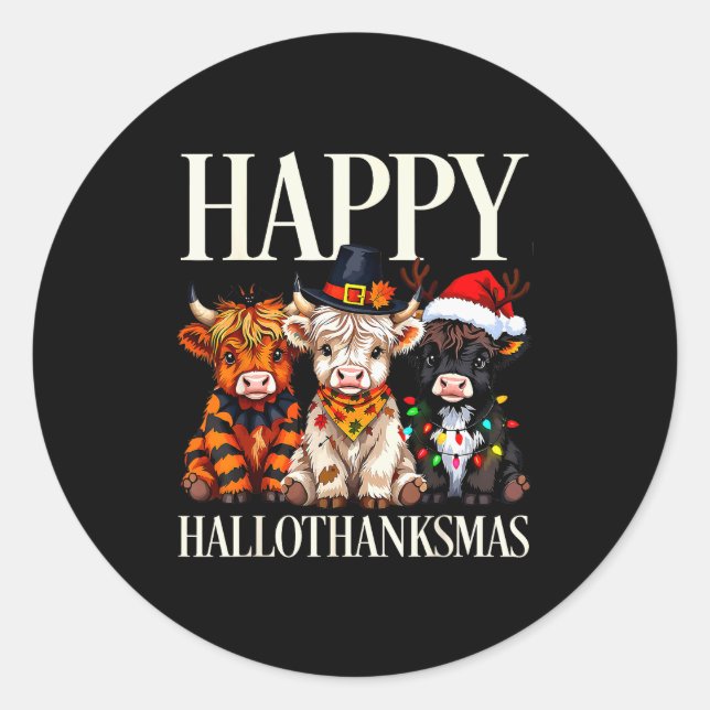 Hallothanksmas Highland Cow Halloween Thanksgiving Runder Aufkleber (Vorderseite)