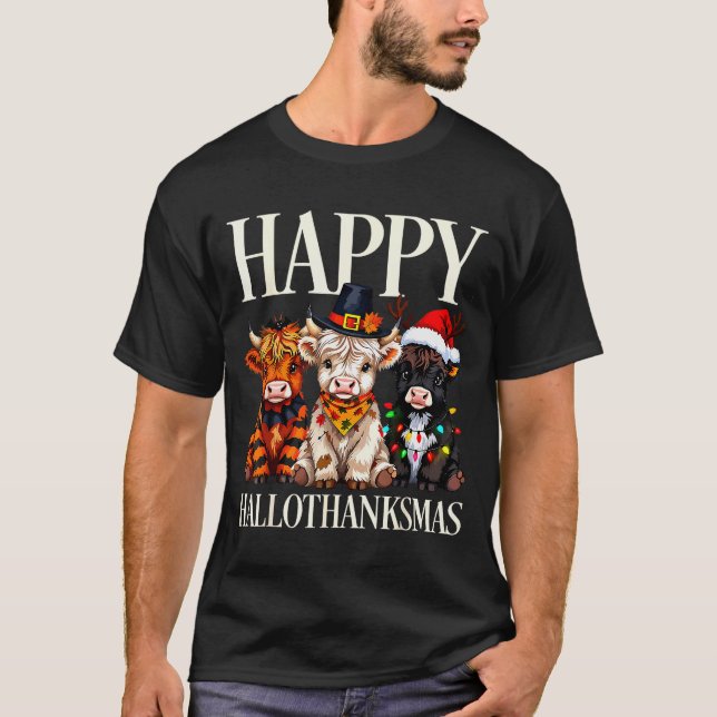 Hallothanksmas Highland Cow Halloween Thanksgiving T-Shirt (Vorderseite)