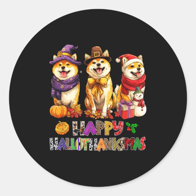 Hallothanksmas Shiba Dogs Halloween Christmas Pump Runder Aufkleber (Vorderseite)